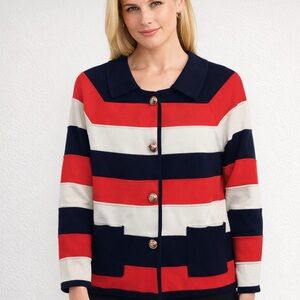 MILLY of New York Silk Blend Striped Cardigan Jacket Red/Creme/Blue Size M